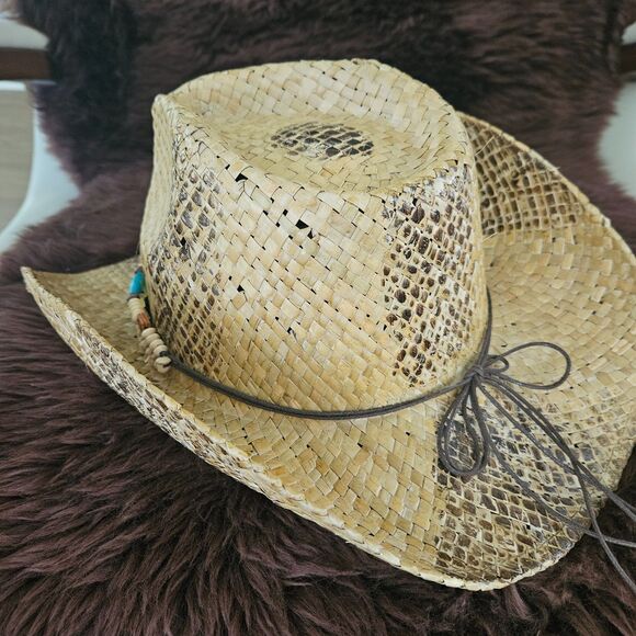 STRAW COWBOY HAT Turquoise Bead Trim One Size Fits All - Picture 5 of 8